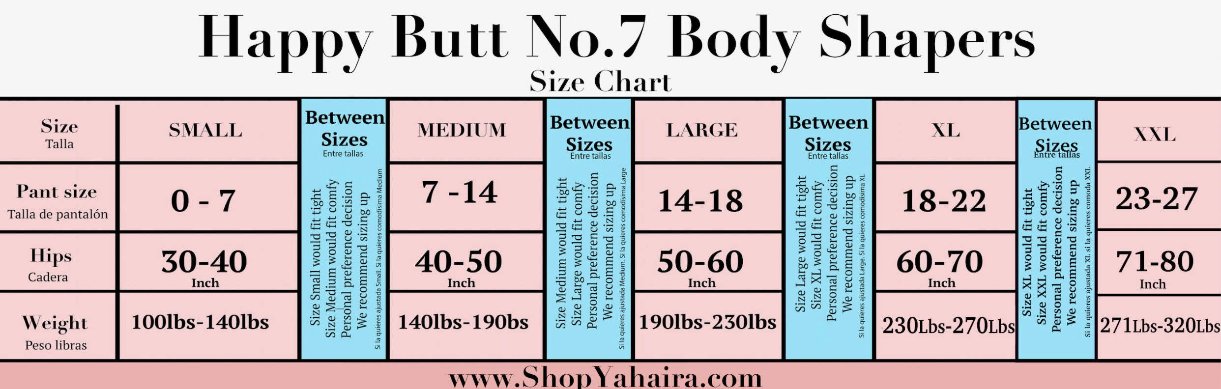 Size chart for Happy Butt No.7 Body Shapers with color-coded sizes.