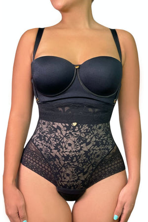 Black lace bodysuit worn by a model on a white background