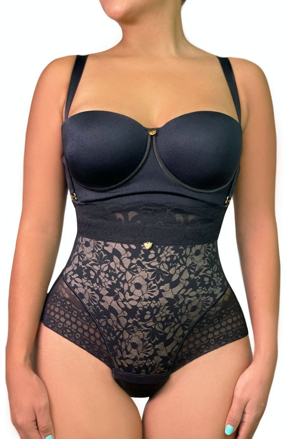 Black lace bodysuit worn by a model on a white background